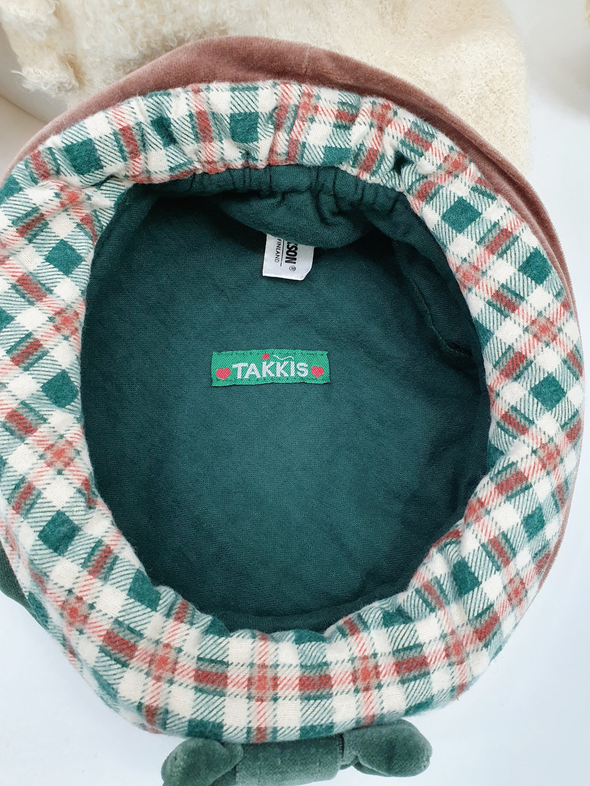 Fredrikson, vihreä vintage samettihattu 90-luvulta, ruutukuvioinen reuna, kuva sisältä