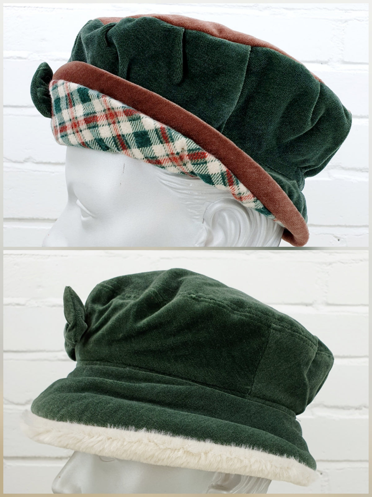 Fredrikson, vihreä vintage samettihattu 90-luvulta, kaksi eri mallia