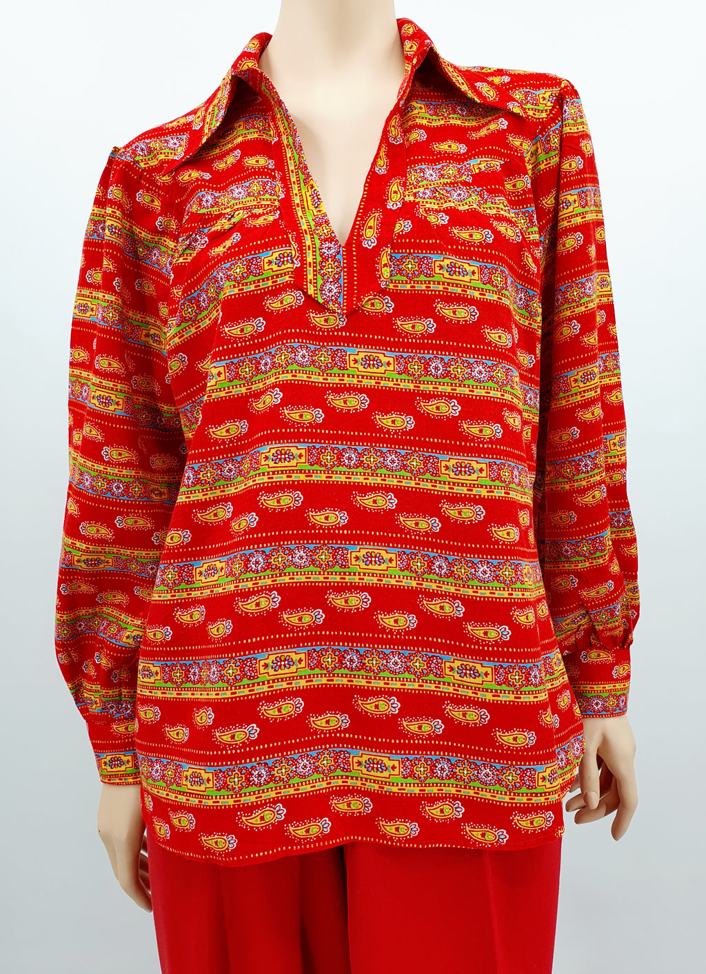 Red women's blouse with yoke, 80s, size 40-42