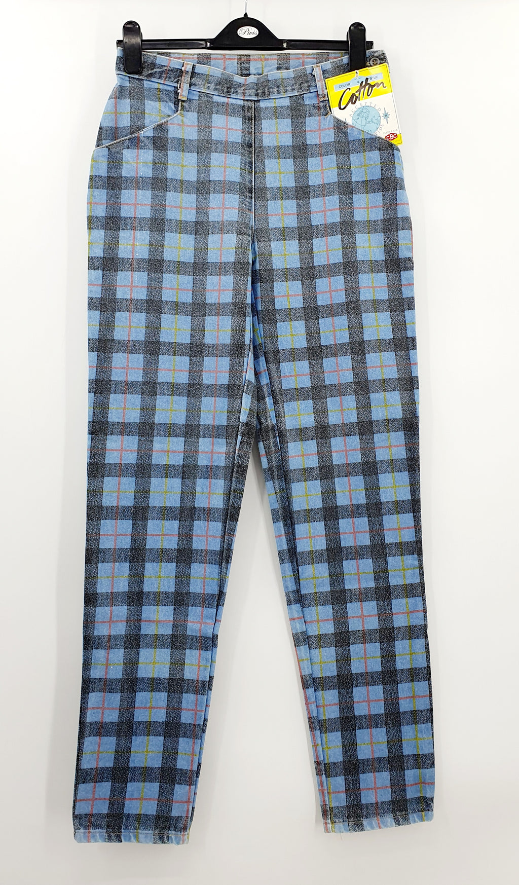 Unworn jeans from the 80s, check pattern, waist 76cm, size 38