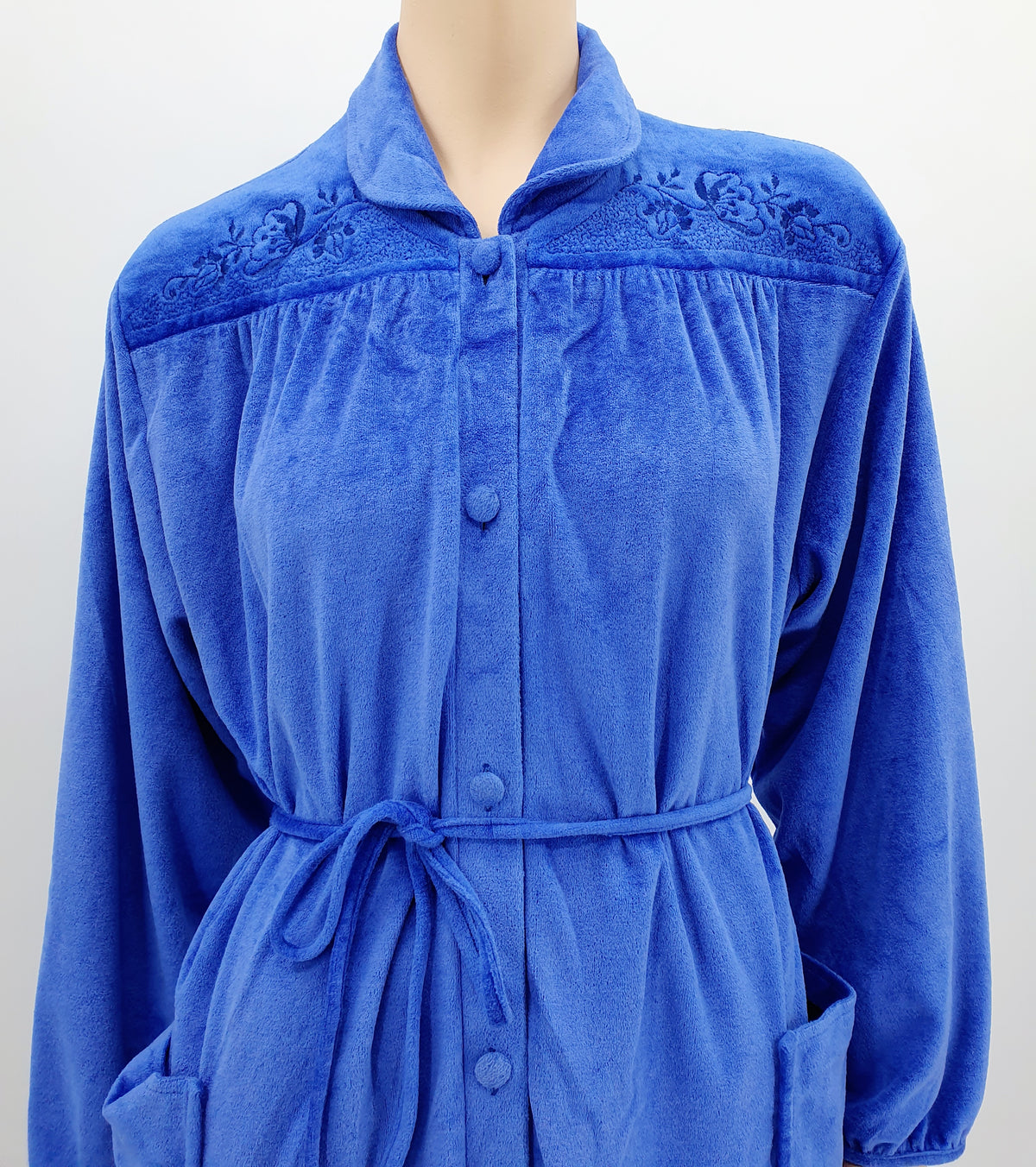 Finnwear, aamutakki 80-90-luvulta, sininen samettikangas, koko 40-42