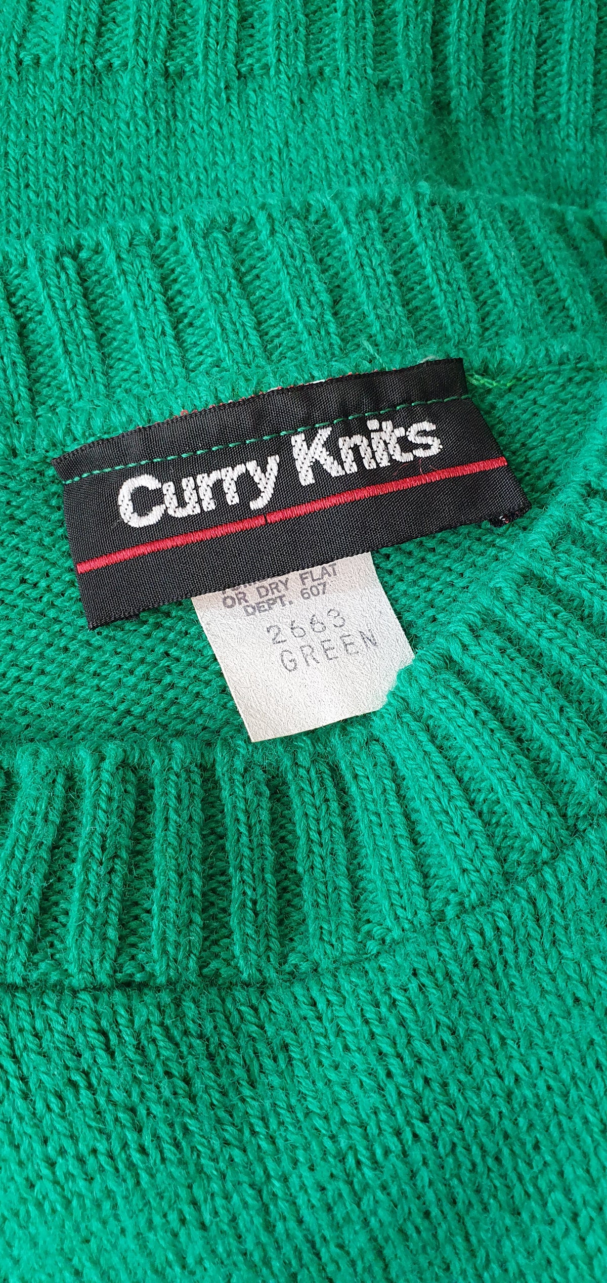 Curry Knits, vihreä neulepusero 70-luvulta, koko 34-36