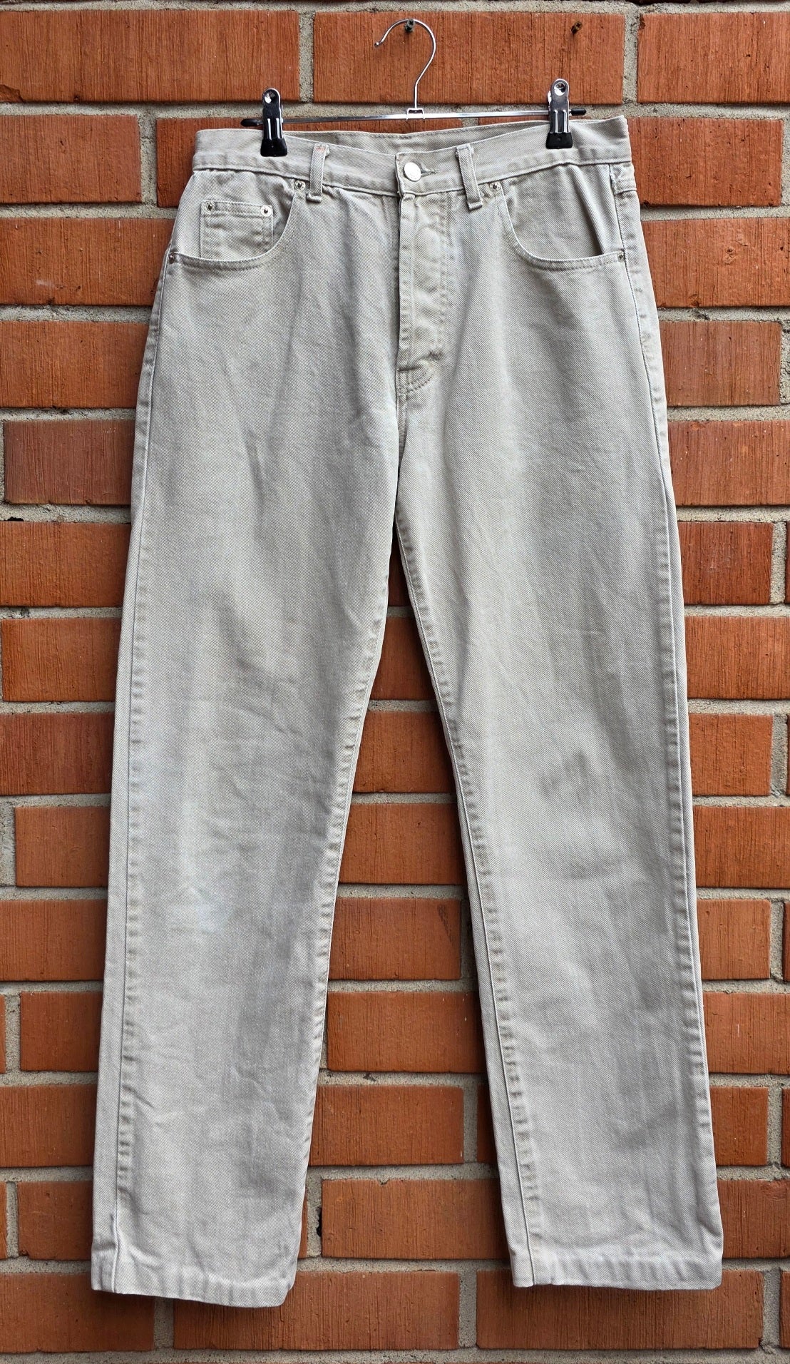 Blue Back, korkeavyötäröiset beiget farkut 90-luvulta, vyötärö 76cm, koko 38