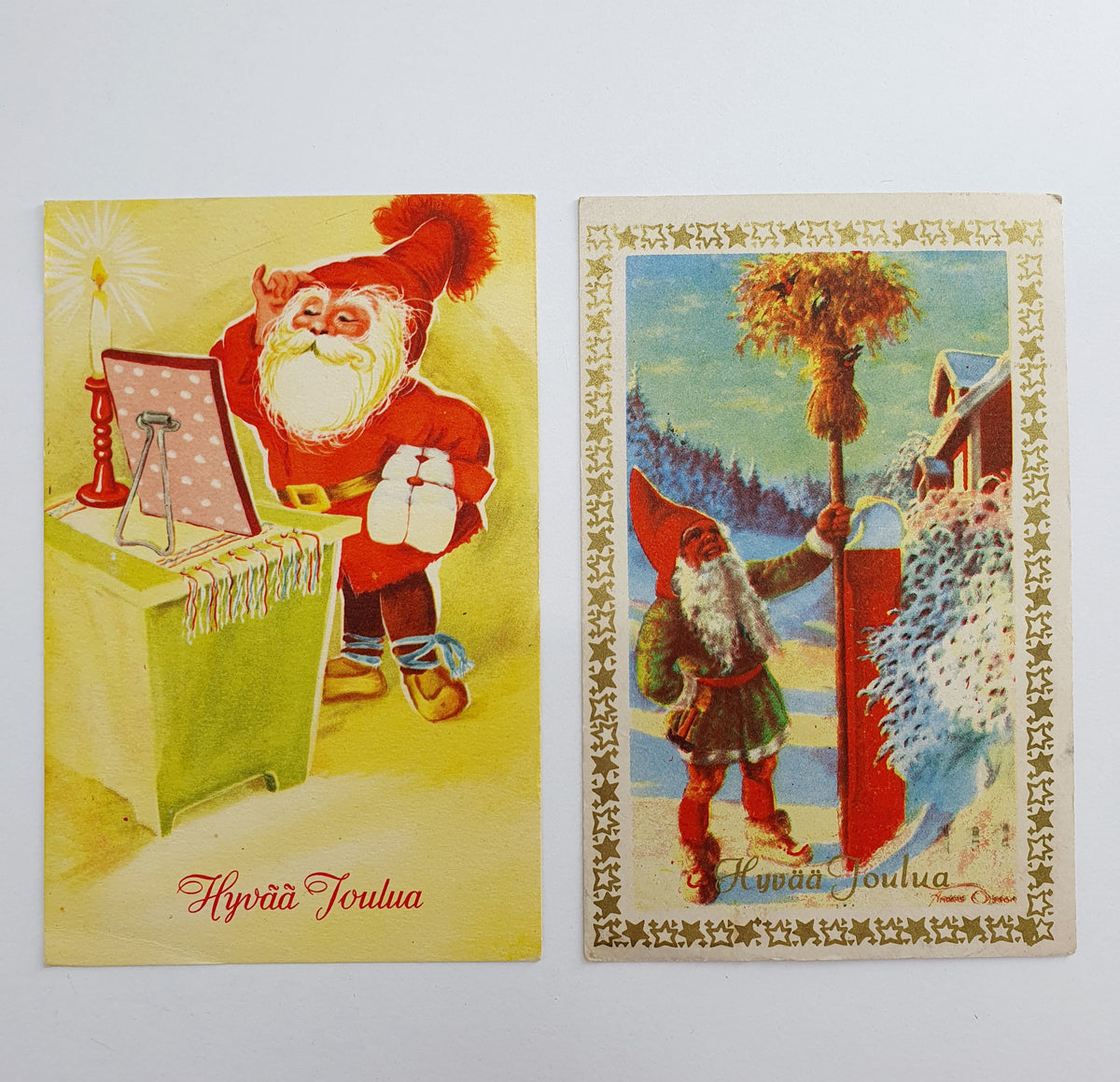 Elf-themed Finnish Christmas cards from the 1950s, 2 pcs.