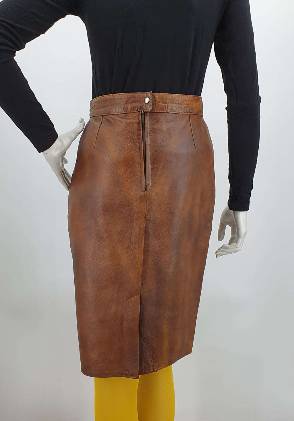 Cognac brown narrow leather skirt, size 34