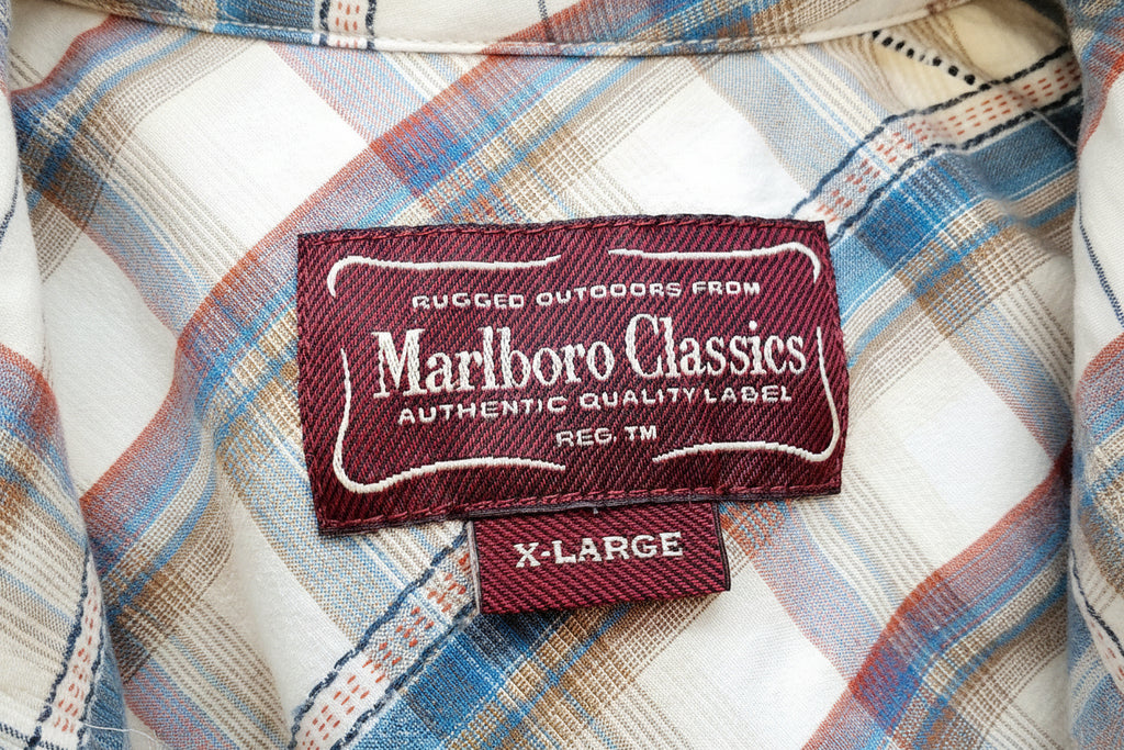 Marlboro Classics Ruutukuvioinen miesten vintagepaita 90-luvulta, lyhythihainen, kuva logosta