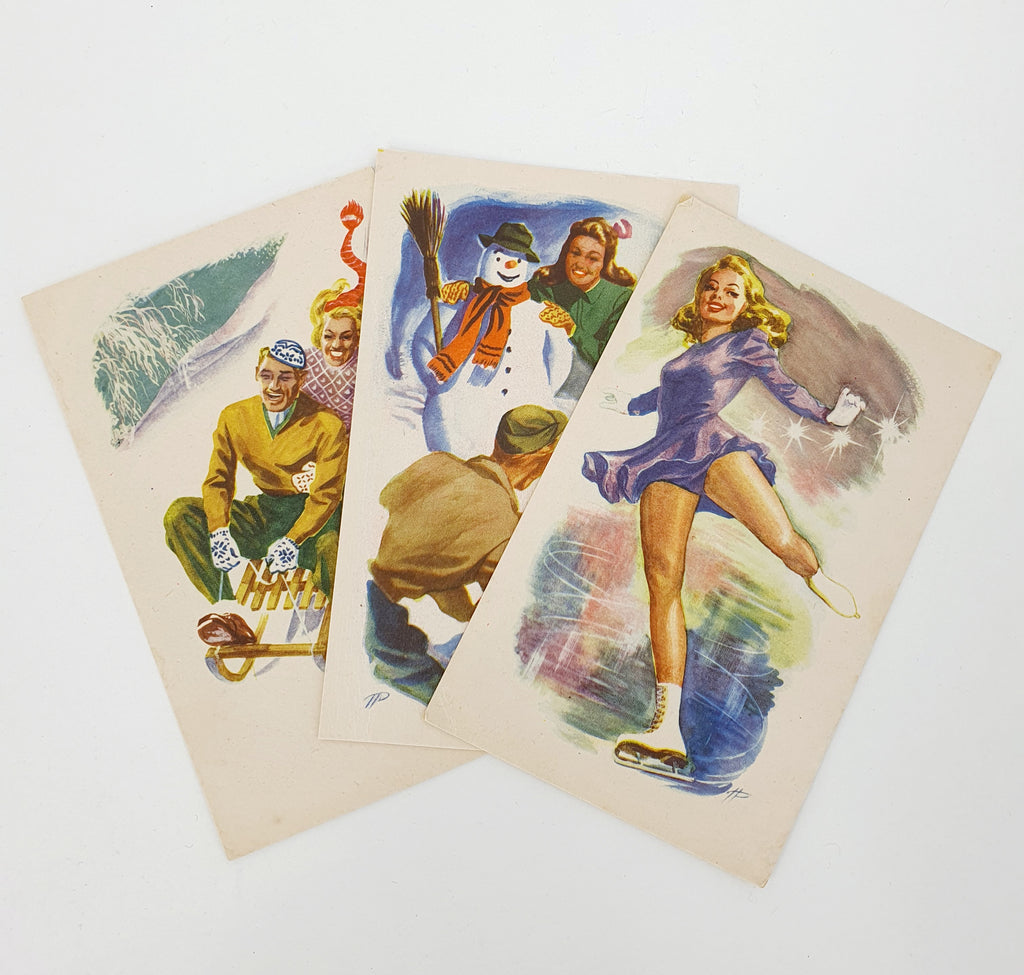 Unused winter hobby-themed postcard from the 1950s, figure skating/downhill skiing/snow games