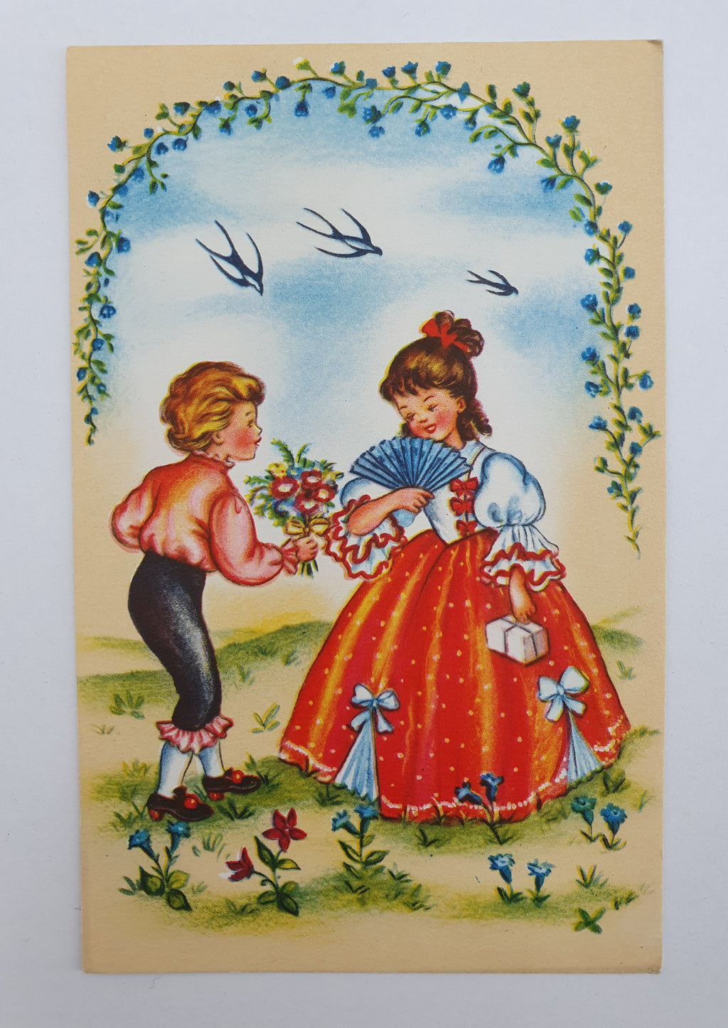 Unused postcard from the 50s, girl and boy, four different ones