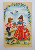 Unused postcard from the 50s, girl and boy, four different ones