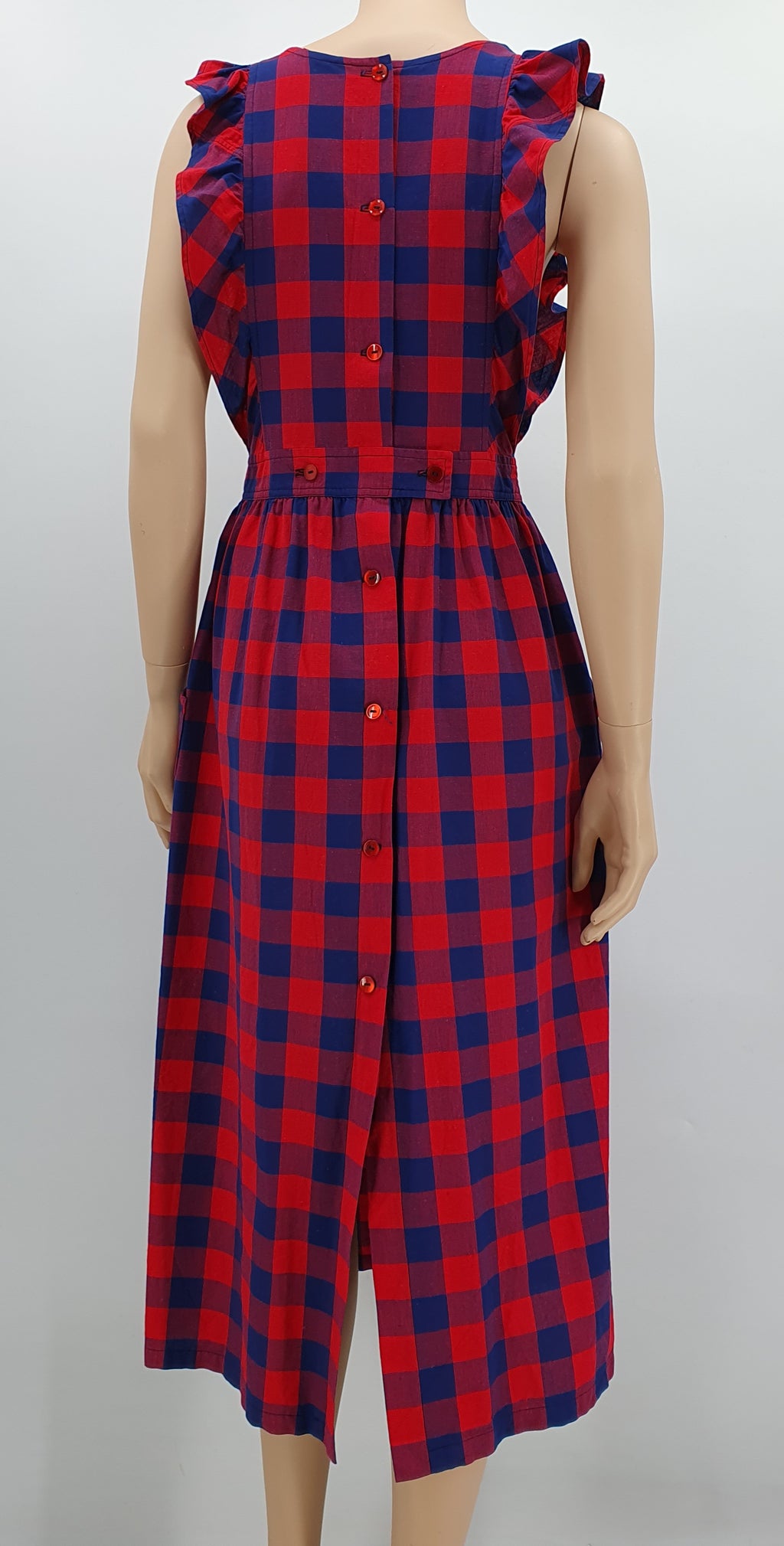 Apron dress, purple and red check pattern, size 34-36