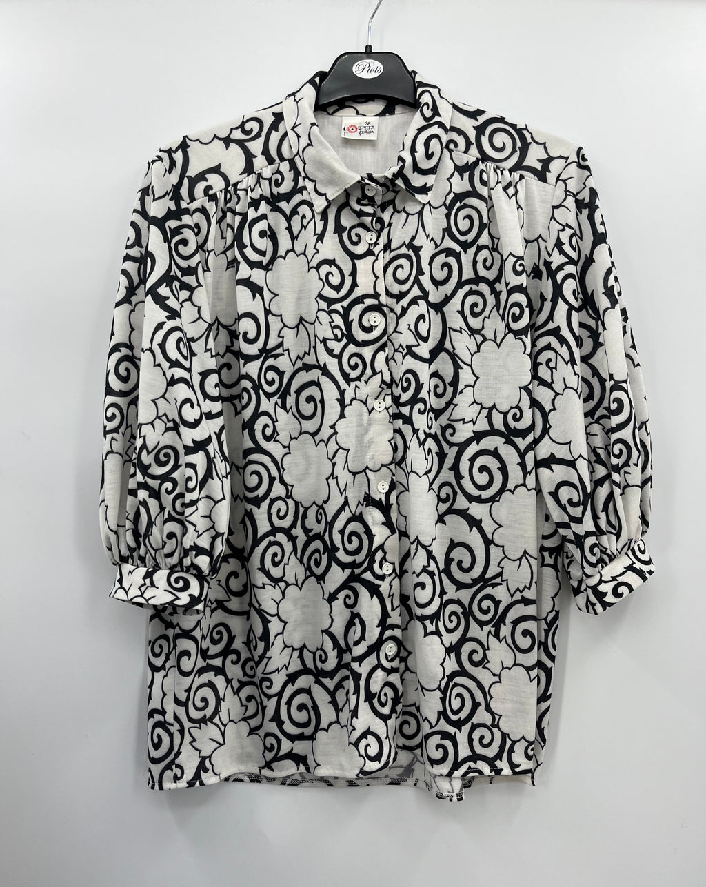 Refa Fashion, mustavalkoinen naisten pusero, 80-luku, koko 38